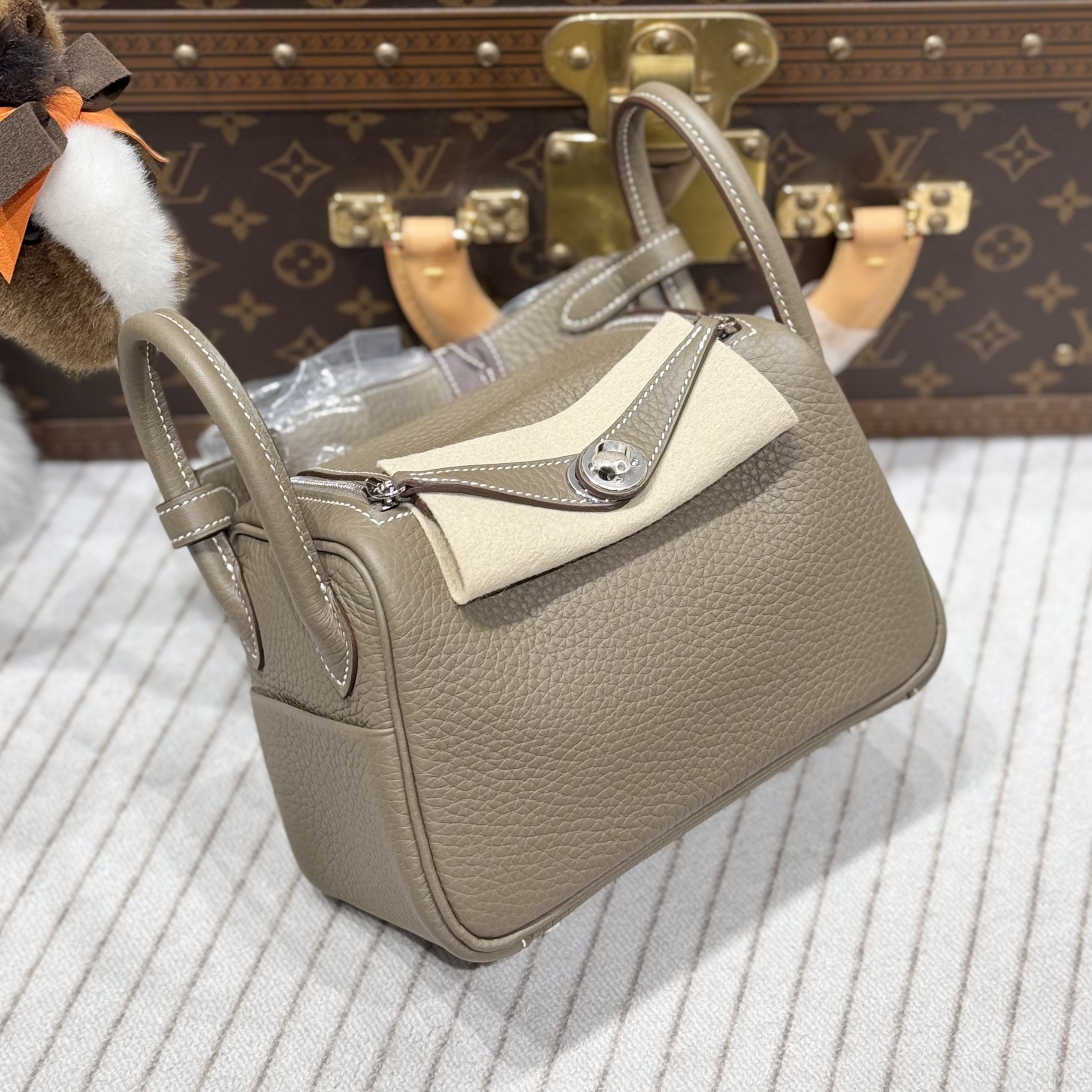 全新未使用 Hermes/爱马仕 lina/minilindy大象灰银扣k刻全套