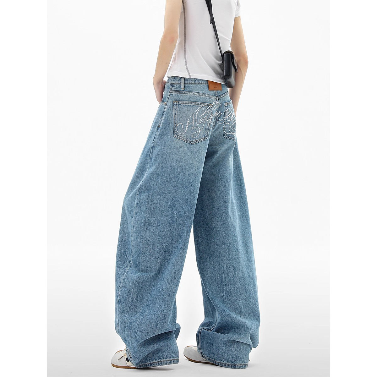 美式辣妹水洗烫钻廓形弯刀牛仔裤女设计感宽松阔腿长裤