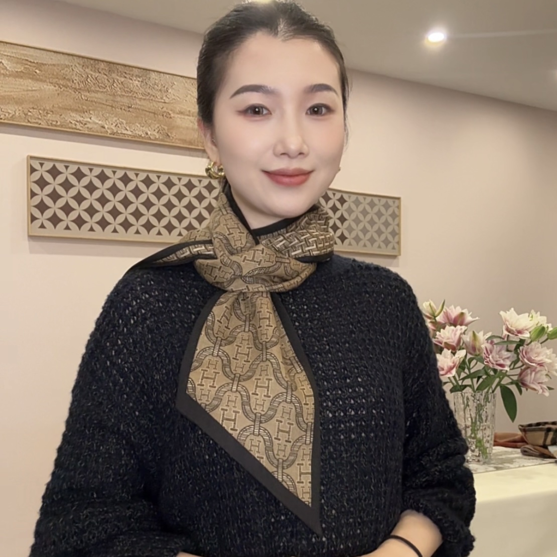 【H链条】丝羊毛飘带双面异色围巾女冬季新款150cm*15cm