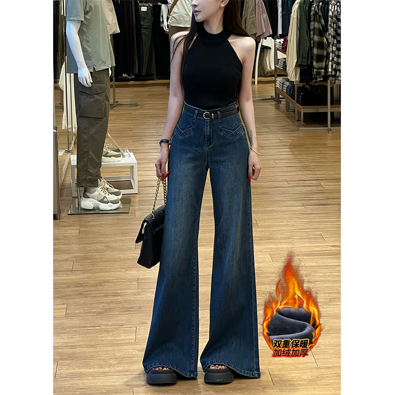 深色高腰不贴腿加绒喇叭牛仔裤女2025冬季新款宽松显瘦拖地长裤