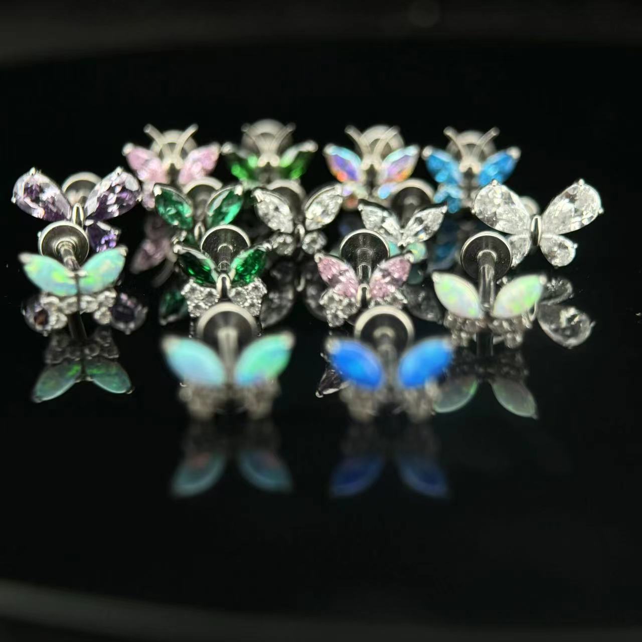 合金耳饰 满钻蝴蝶  F136钛合金耳钉耳骨钉防过敏养耳洞可爱ins