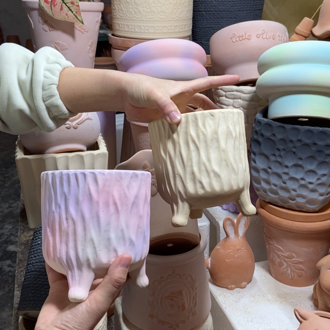 13×14三脚树纹盆 白+彩 粗陶2个