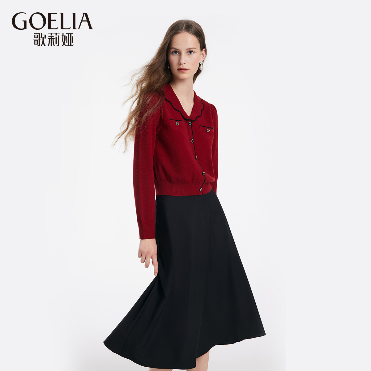 歌莉娅小香风红色套装裙毛织上衣+梭织半裙两件新年战袍1BCRAA270
