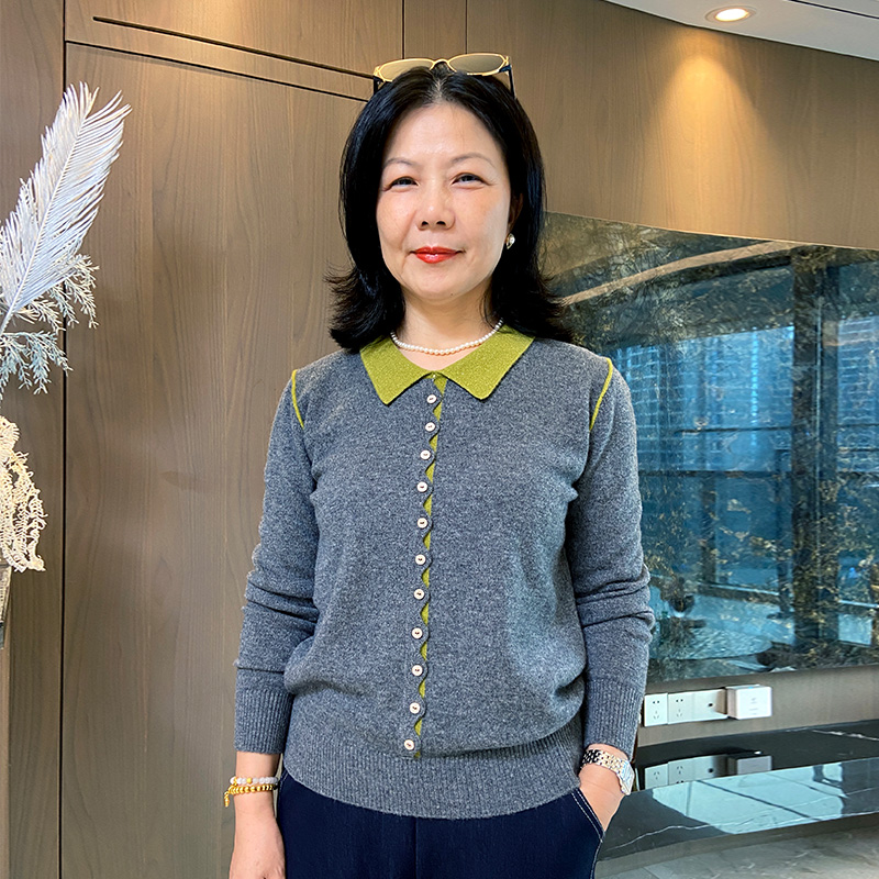 秋冬纯羊毛翻领撞色中老年妈妈日常羊毛衫套衫6623