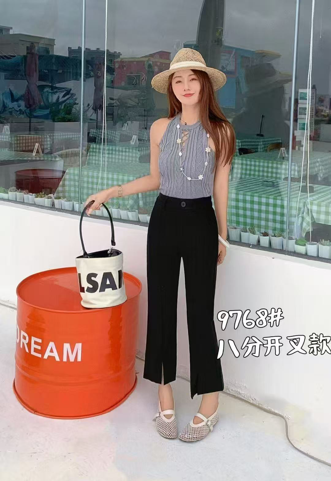 千度夏款百搭超薄开衩微喇叭裤9768