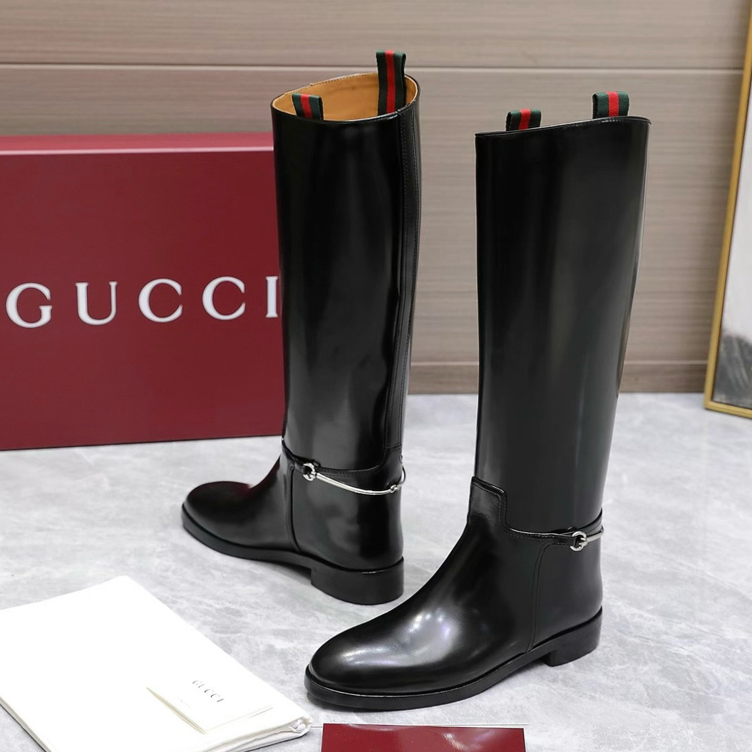 未使用 GUCCI/古驰 全新古驰黑色皮面马衔扣红绿腰带长筒靴多尺码