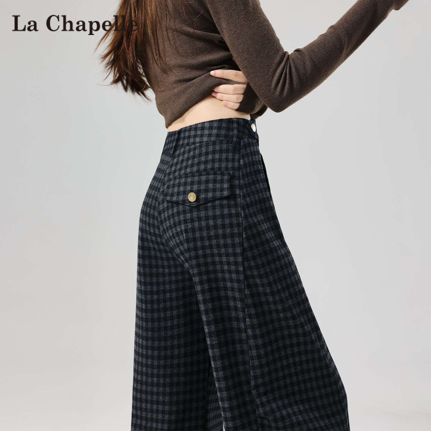拉夏贝尔美式复古格子阔腿裤女春秋新款高腰宽松慵懒风香蕉弯刀裤