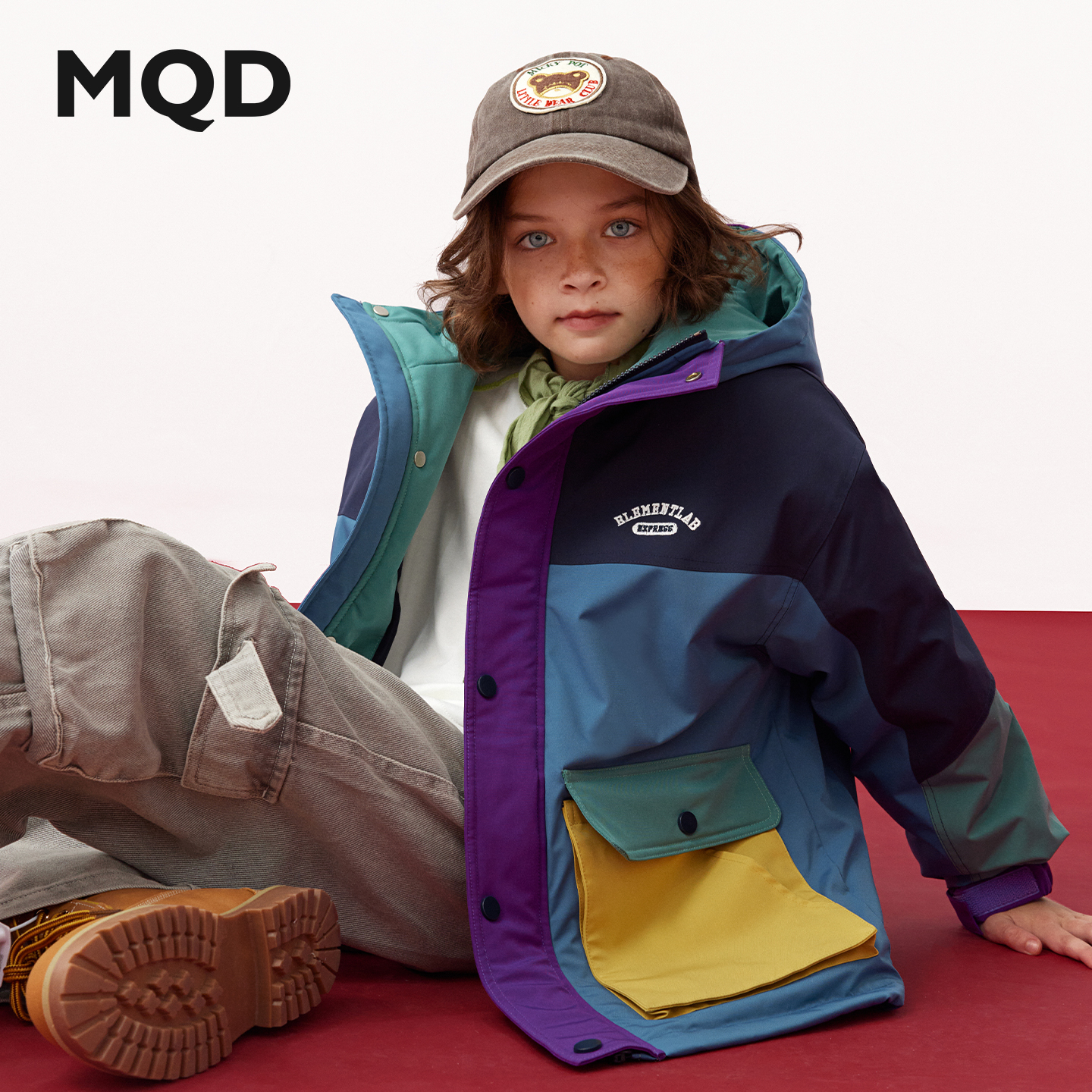 MQD儿童中大童极寒羽绒服撞色拼色保暖防风户外运动拼接连帽加厚