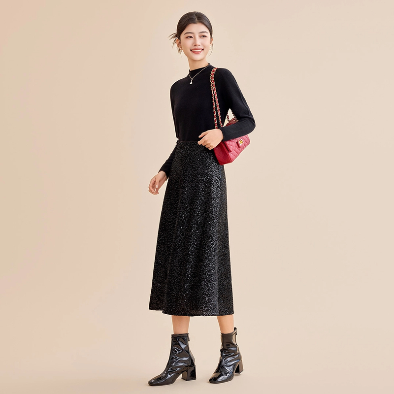 【谷邦L+】谷邦GOOBGS 黑色珠光亮片半身裙女 G4423095-6