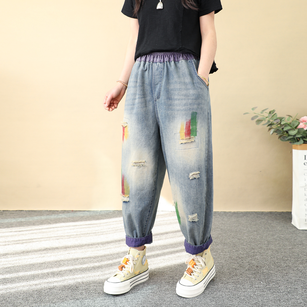 复古泼墨彩绘印花破洞牛仔裤女宽松显瘦磨破乞丐哈伦裤薄款夏裤子