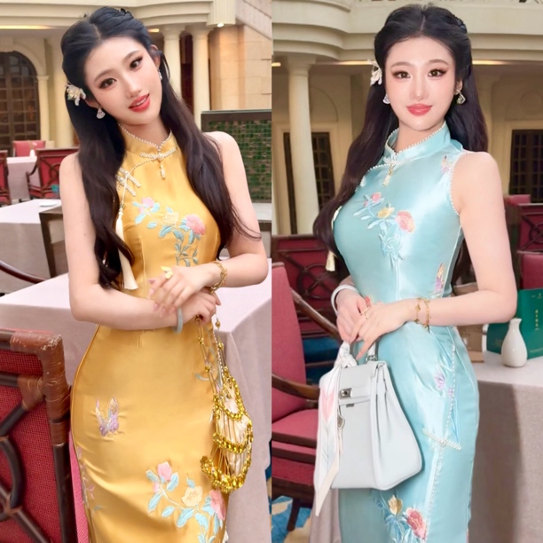 【媛珠 金玉良缘】重工醋酸刺绣国风无袖旗袍连衣裙修身显瘦优雅