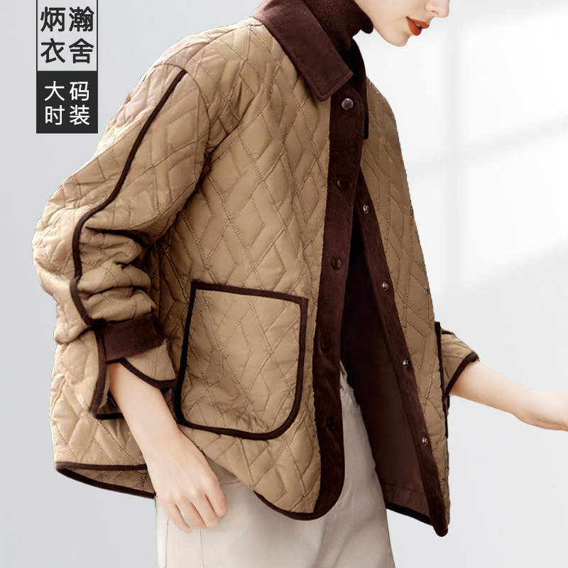 【炳瀚】大码简约棉服女25年冬拼色保暖夹棉翻领上衣BH425BW16866