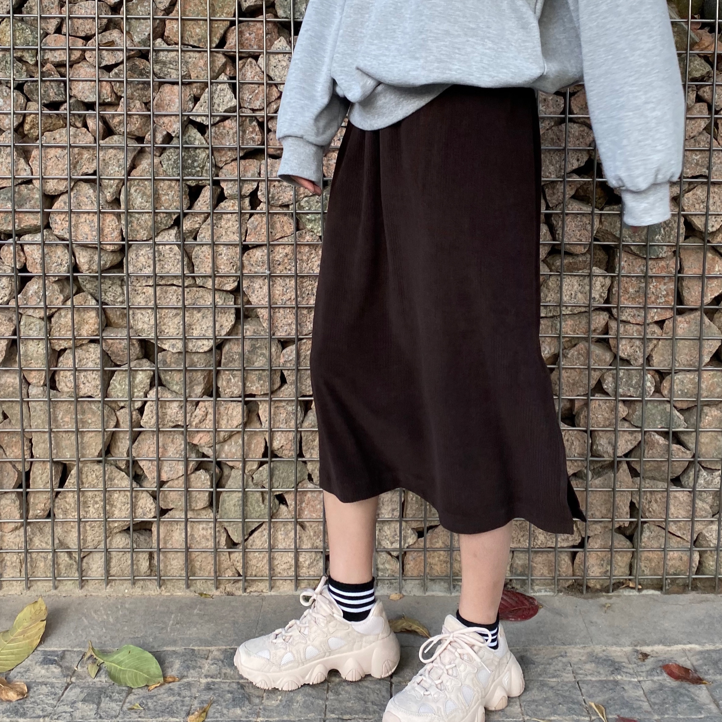 【清仓】恐龙AUNT 松紧竖条纹超柔软灯芯绒显瘦半身裙