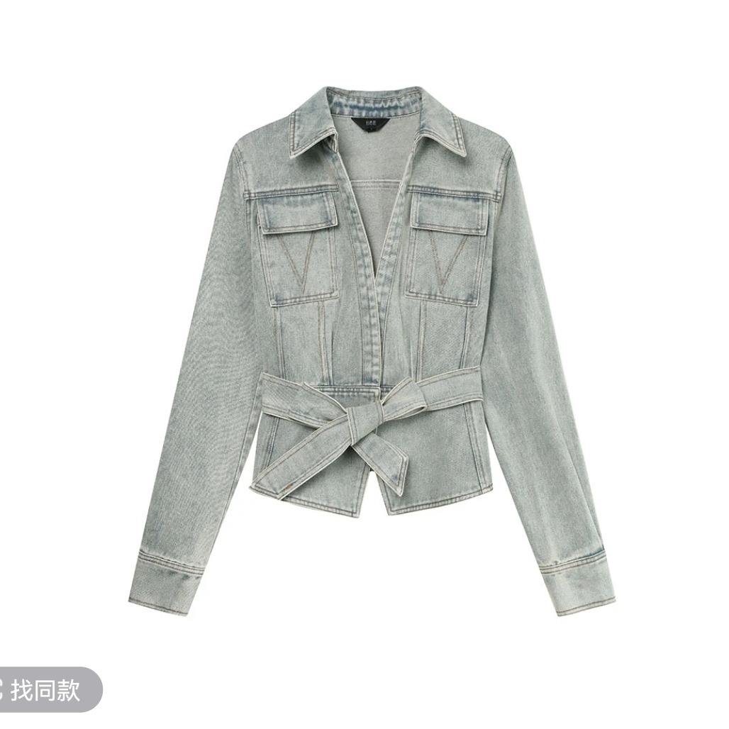 2025春装牛仔外套女新款时尚复古洗水工艺腰带女式牛仔衫