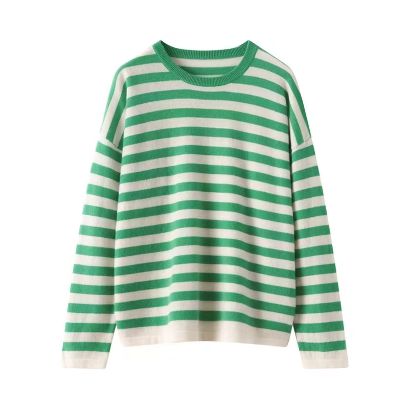 【娃娃专属】山羊绒衫女圆领秋冬条纹长袖撞色慵懒宽松内搭打底上衣