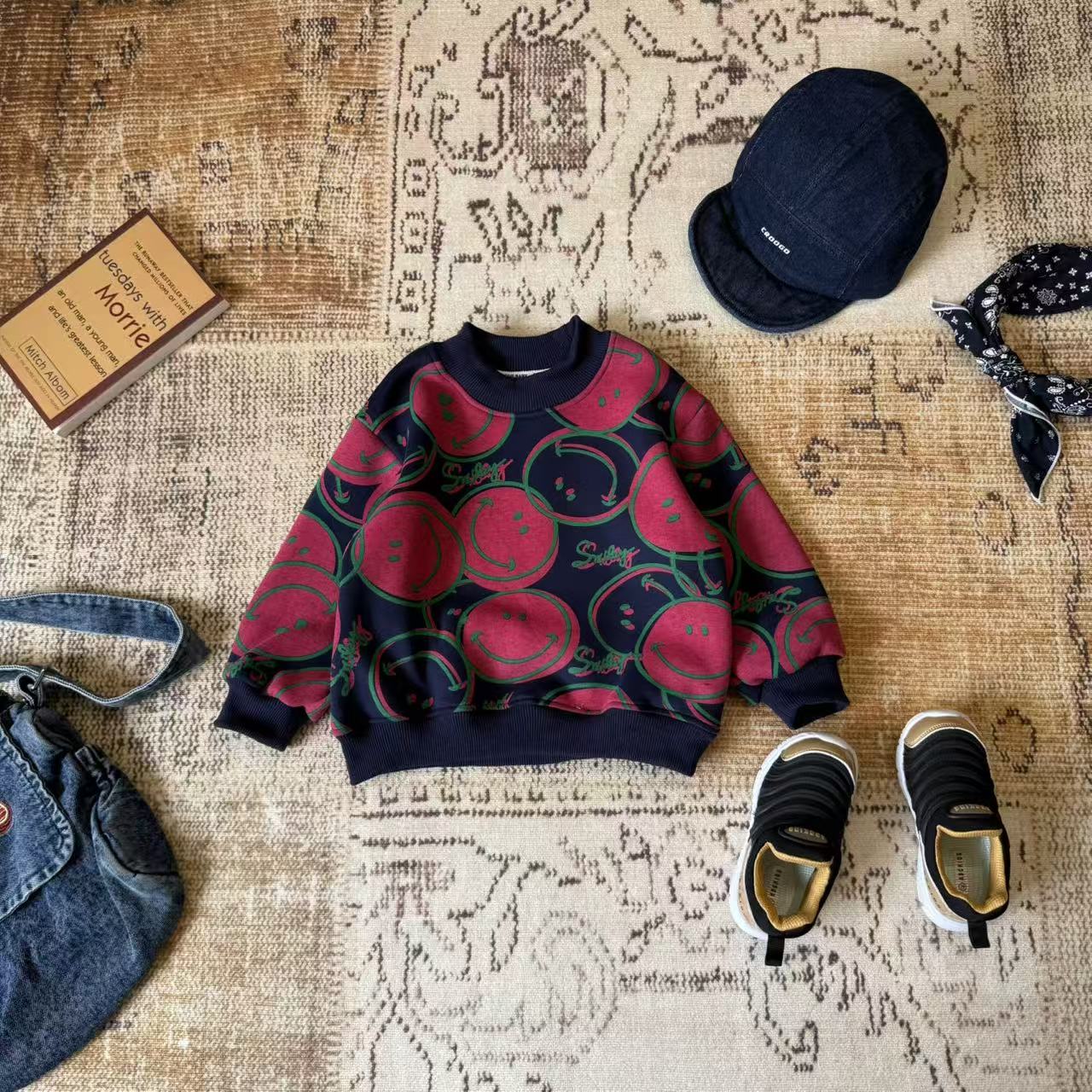 儿童秋冬满印笑脸加绒套头卫衣H2647