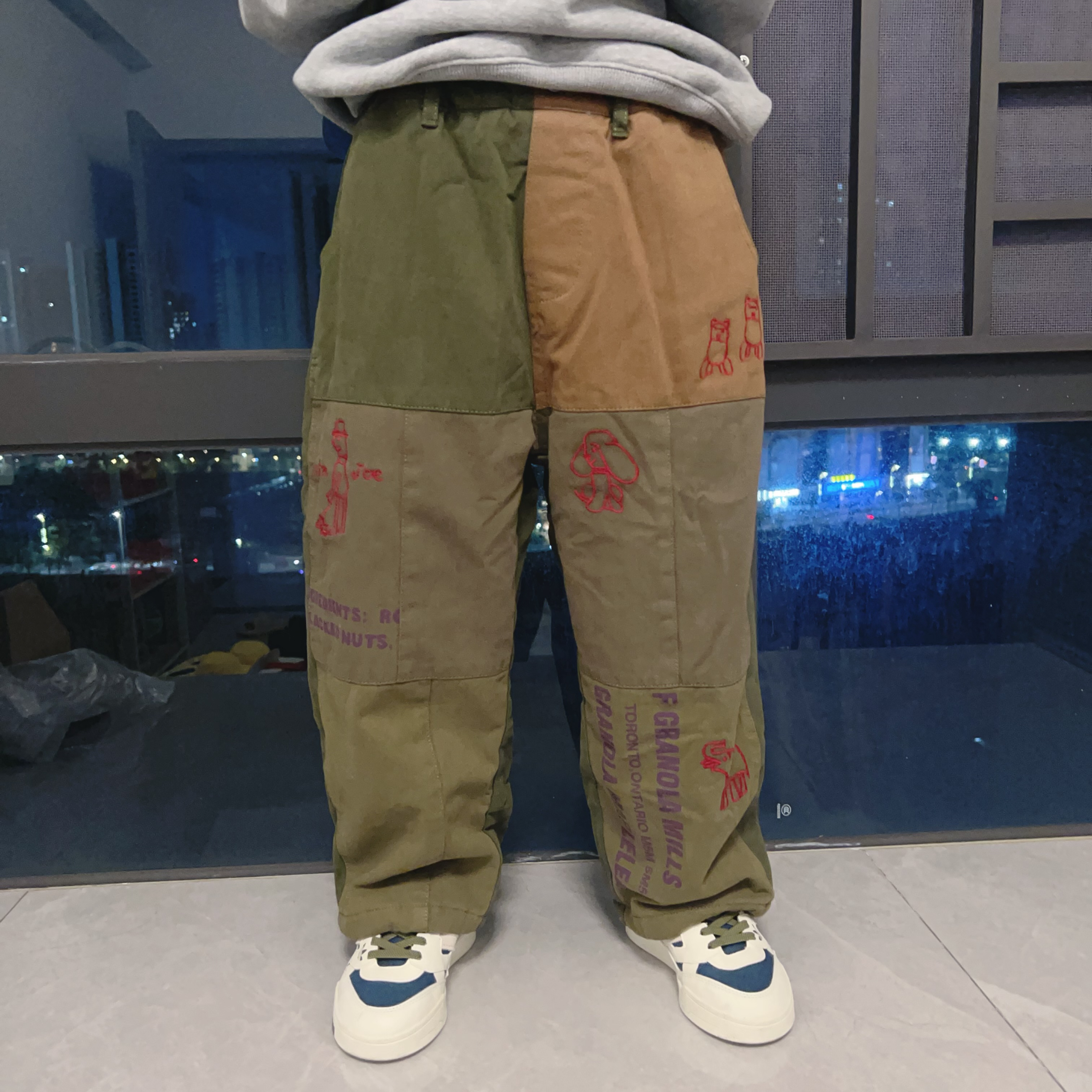 高端定制 DD拼接加绒裤 男女童宝宝拼色印花刺绣直筒棉布裤工装裤