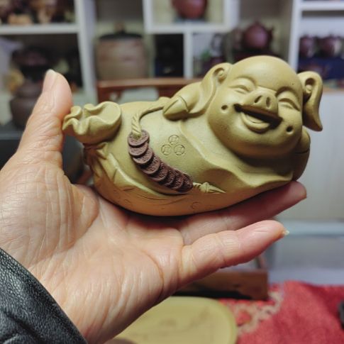 紫砂茶壶福猪手把件手工制作