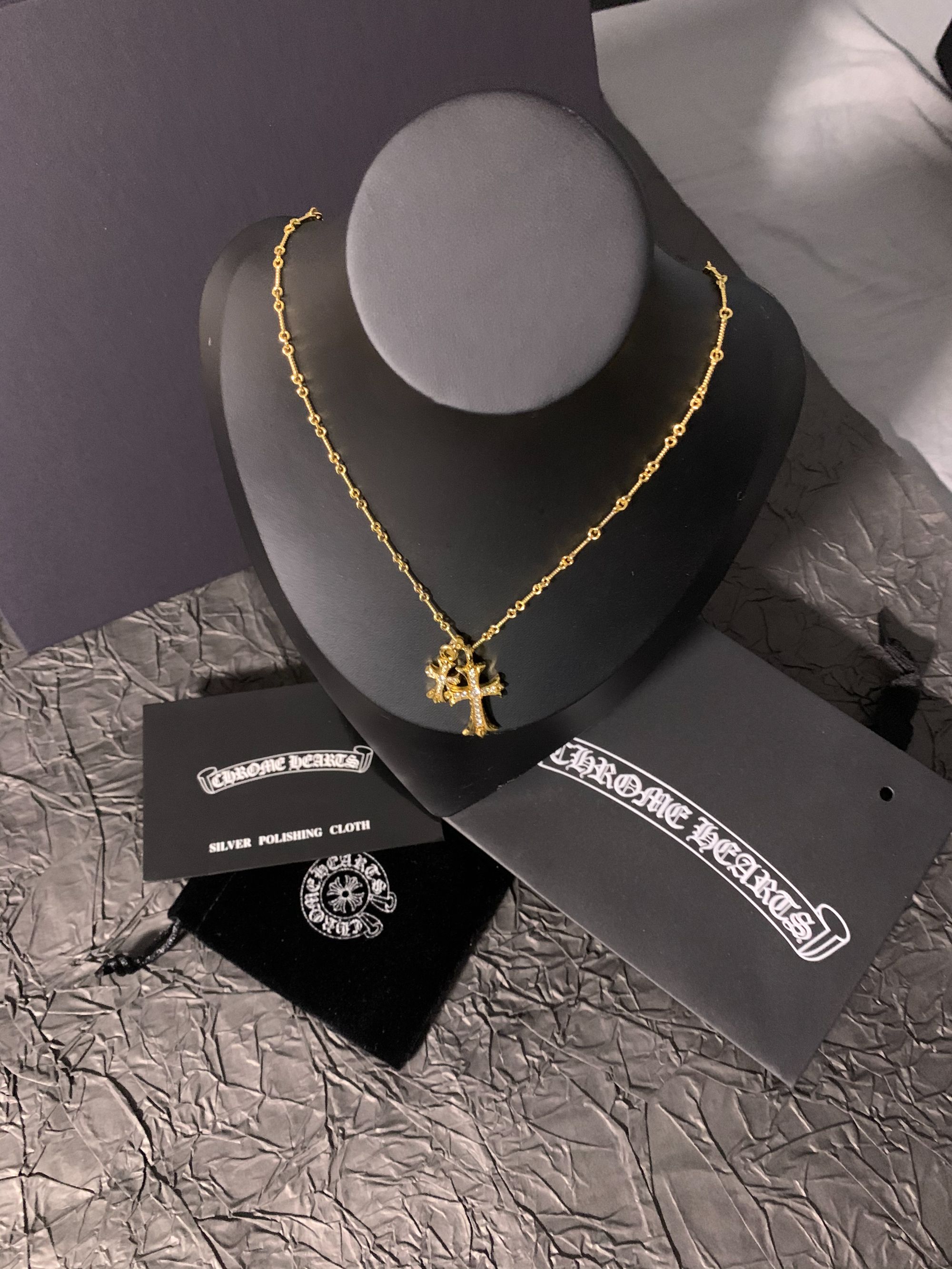 铜合金项链 克家金色白钻双十字架项链男士百搭时尚款轻奢气质