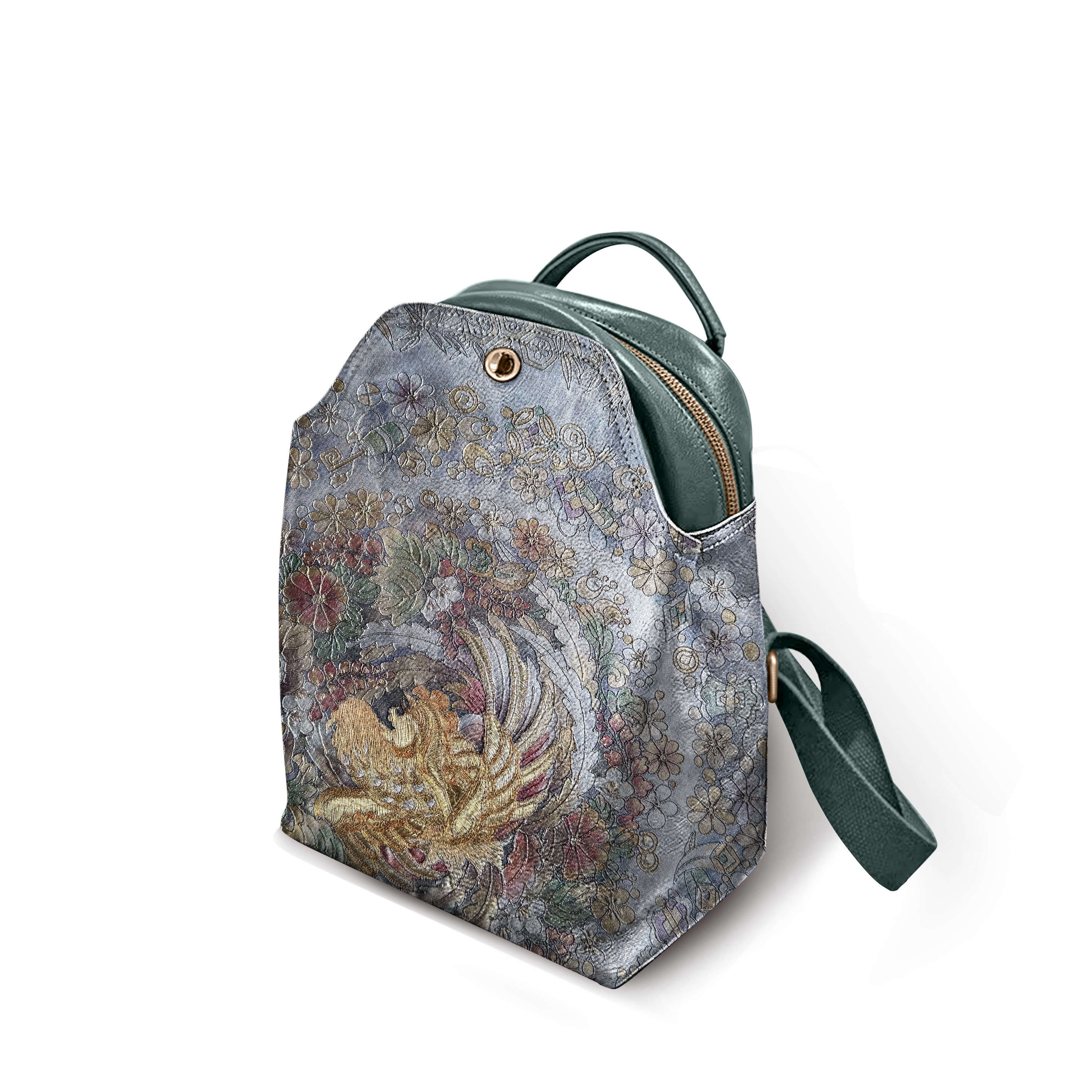 祖母绿拉链简约风纯色印花刺绣双肩背双肩包复古休闲盘金绣