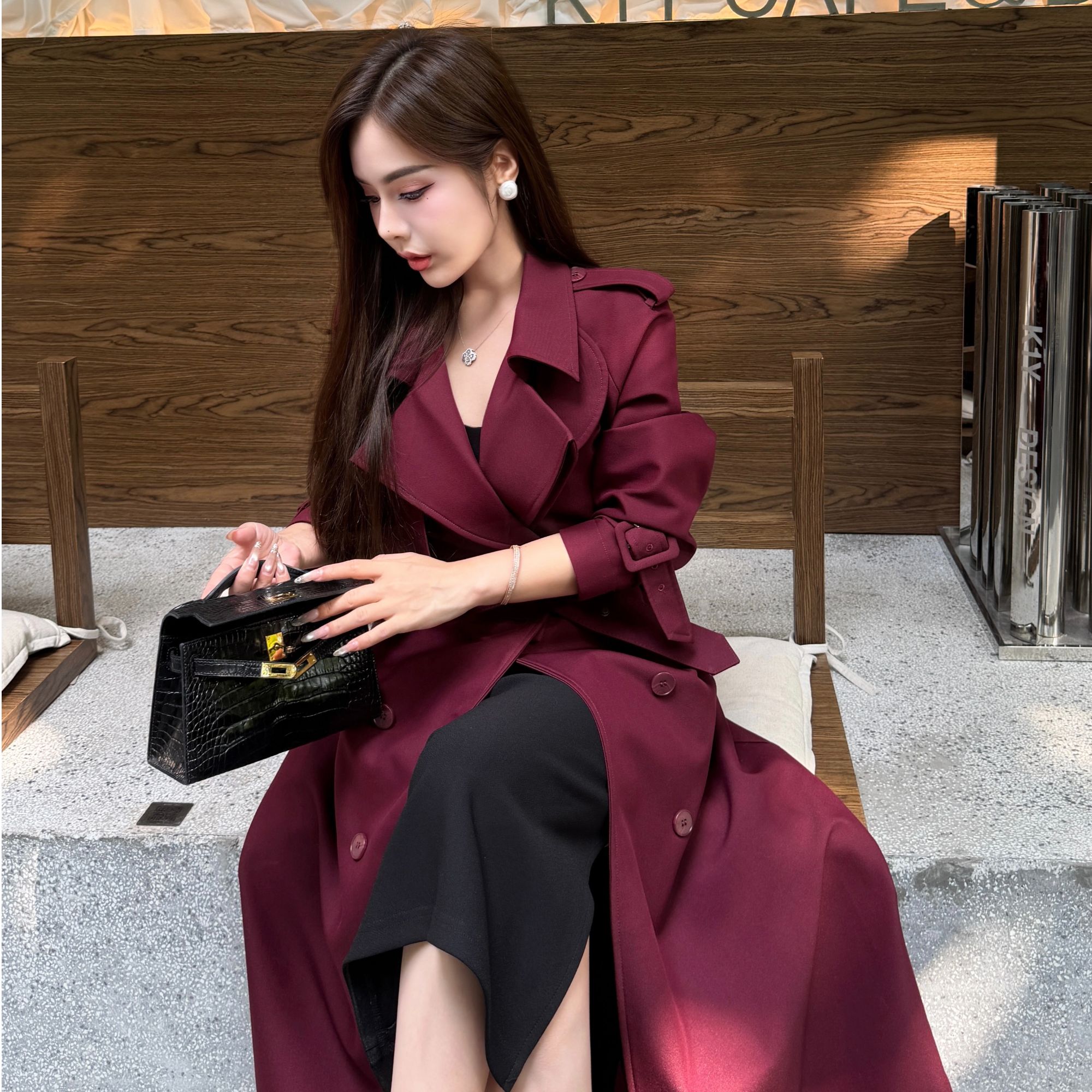 【现货秒发】DI29秋季显瘦时尚气质中长款安哥拉红色风衣外套长款