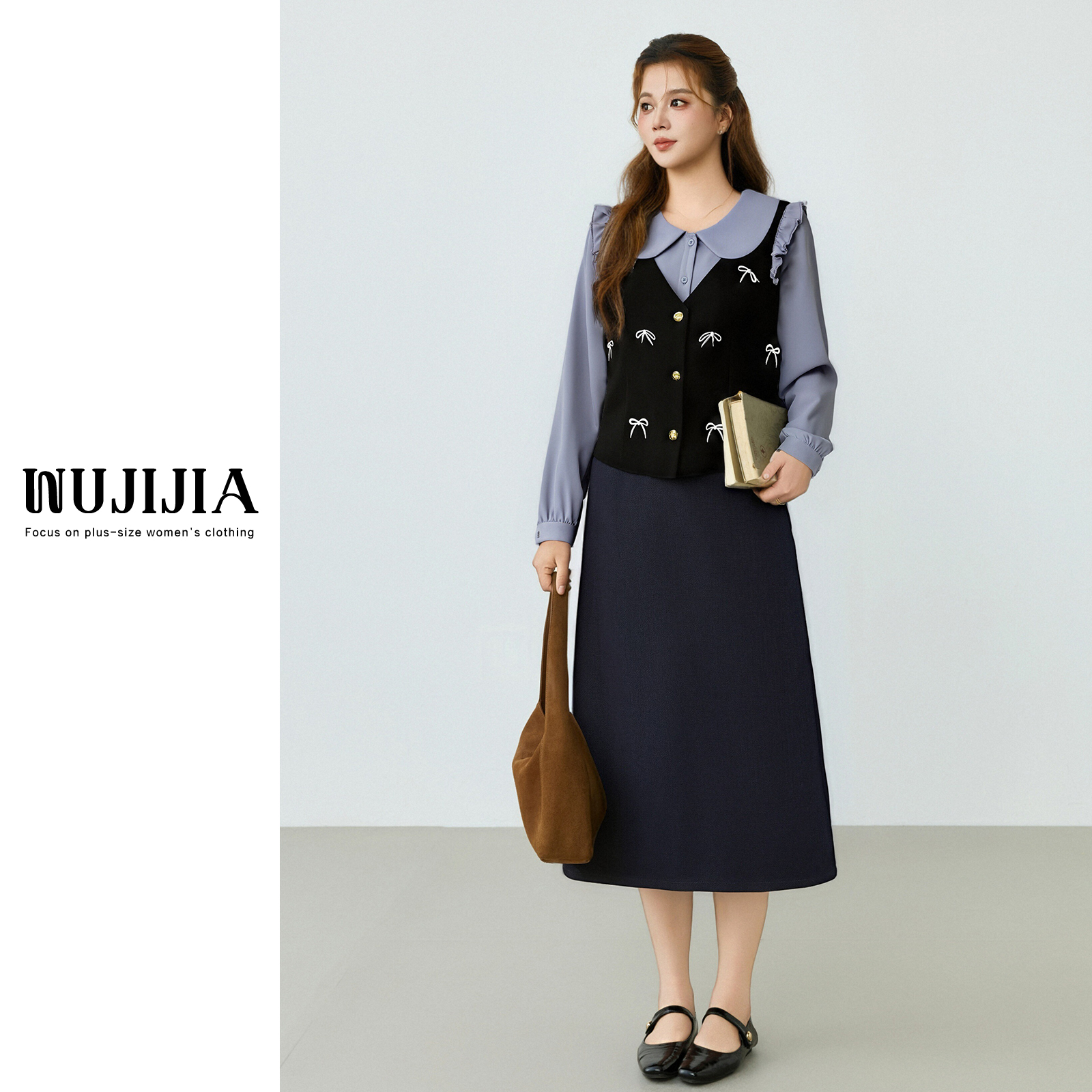 橘子-假两件蝴蝶结藏青色上衣+长半裙两件套ZL111066大码女装