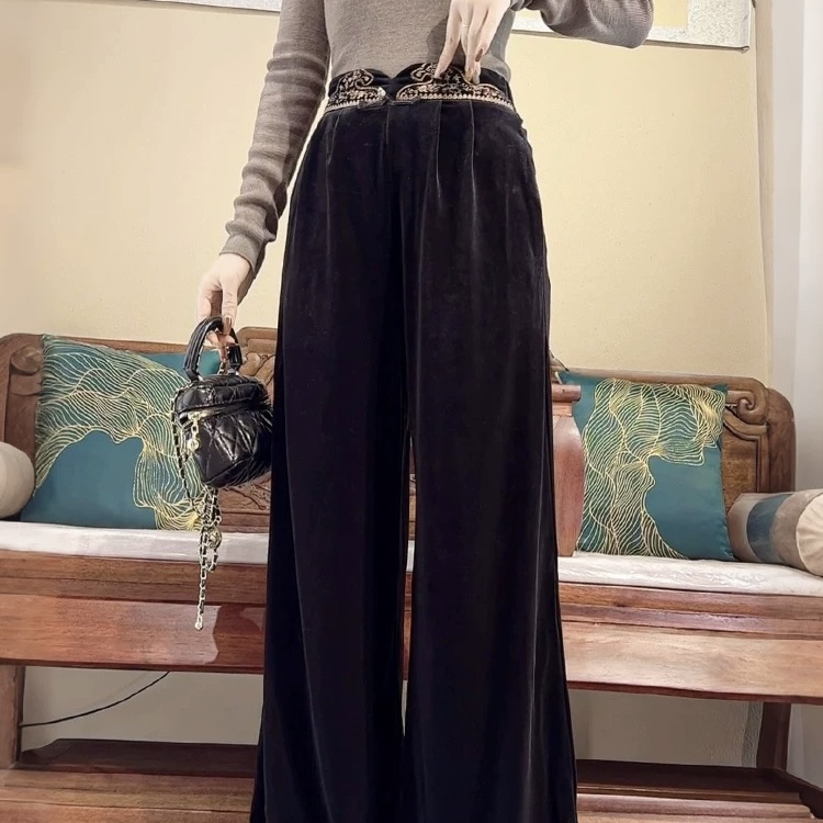 [刺绣丝绒裤]新中式国风松紧加绒加厚时尚丝绒直筒裤