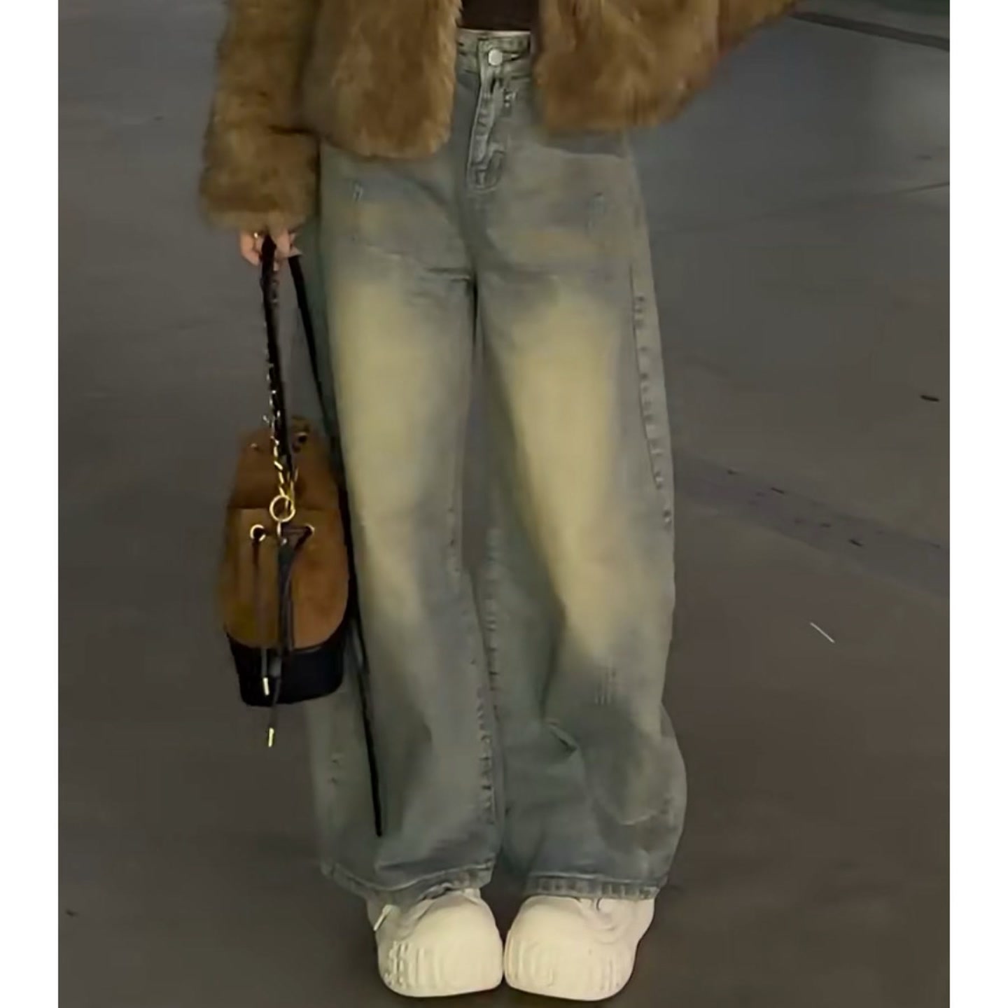 YOO[做旧风]高街水洗高腰宽松显瘦阔腿裤一