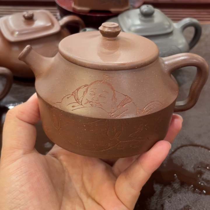 文***℡茶壶紫砂手工刻绘桃花泥