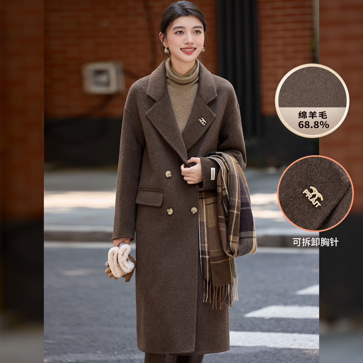 白鹿语秋冬气质羊毛混纺呢大衣宽松厚长款双排扣外套HX20116