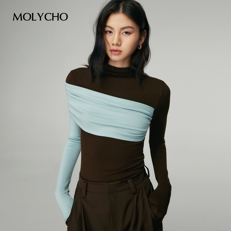 MOLYCHO设计感拼接半高领长袖T恤女秋冬内搭打底小衫修身撞色上衣