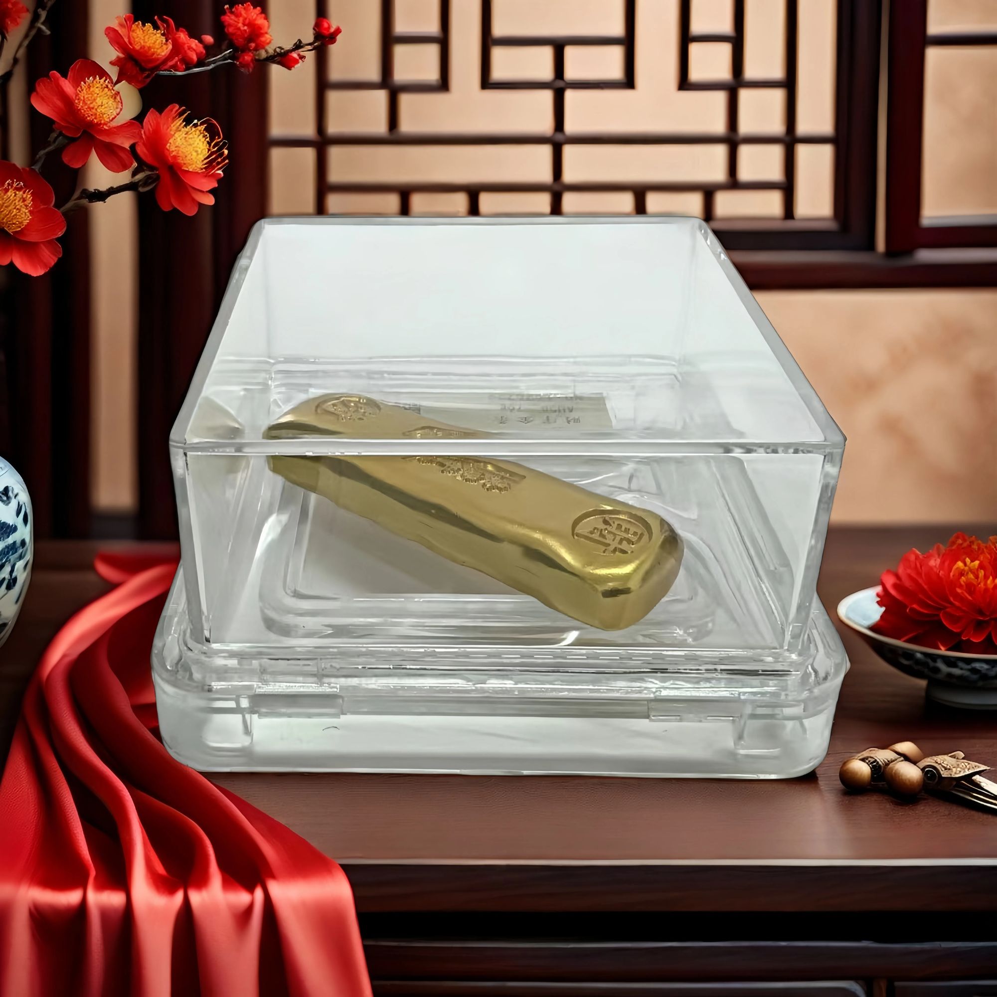 长条金色小黄鱼实心9999 福禄寿喜财 水晶礼盒包装