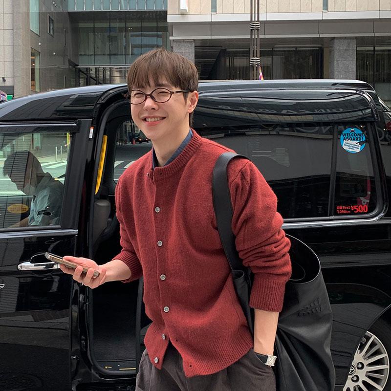 本命年安哥拉红色毛衣开衫男韩系简约圆领毛衫休闲慵懒针织衫外套