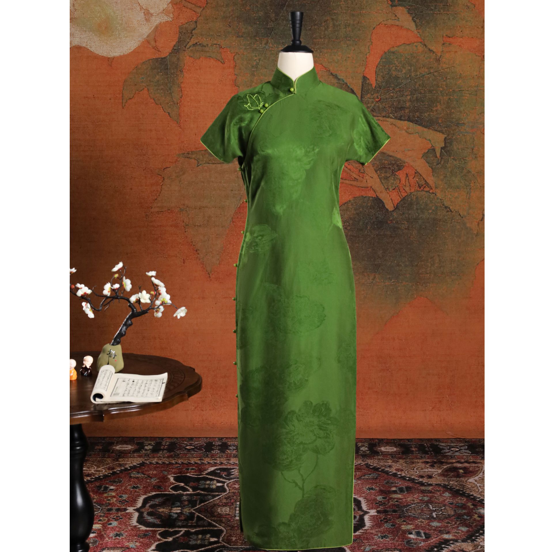 女神姑娘[希望]蓝雅重锻香云纱色织提花纯色旗袍N51104-5/25-40