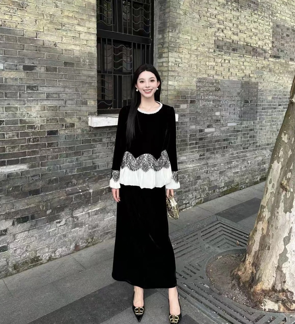 高级感时尚套装女2025秋季新款时尚蕾丝拼接上衣高腰半身裙两件套