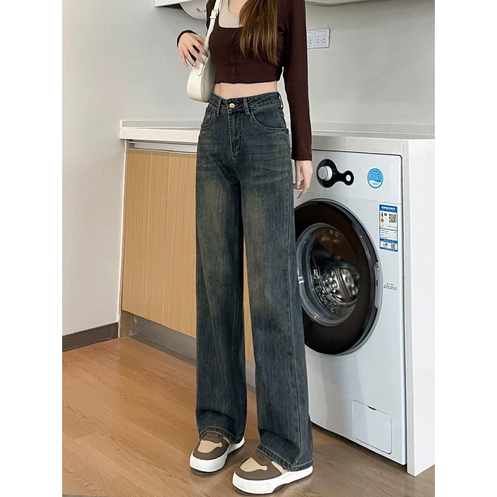 妮妮家6951冬季新款加绒加厚高腰窄版直筒牛仔裤