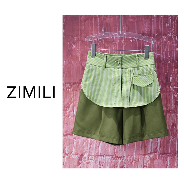 【亮哥女装】2025设计师系列军绿条纹拼布高克重阔腿短裤9088-H2