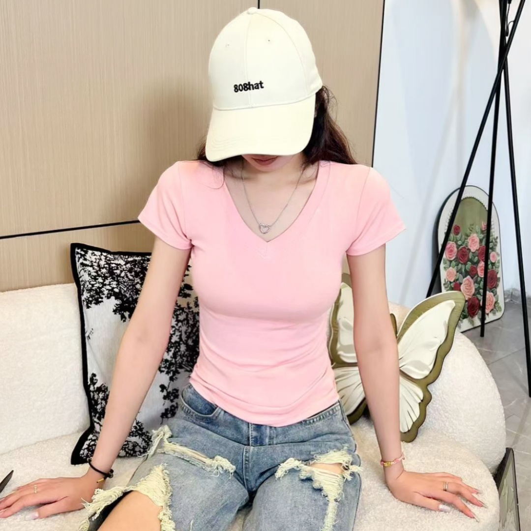 V领短袖t恤女夏季新款桃粉色修身显瘦辣妹紧身上衣