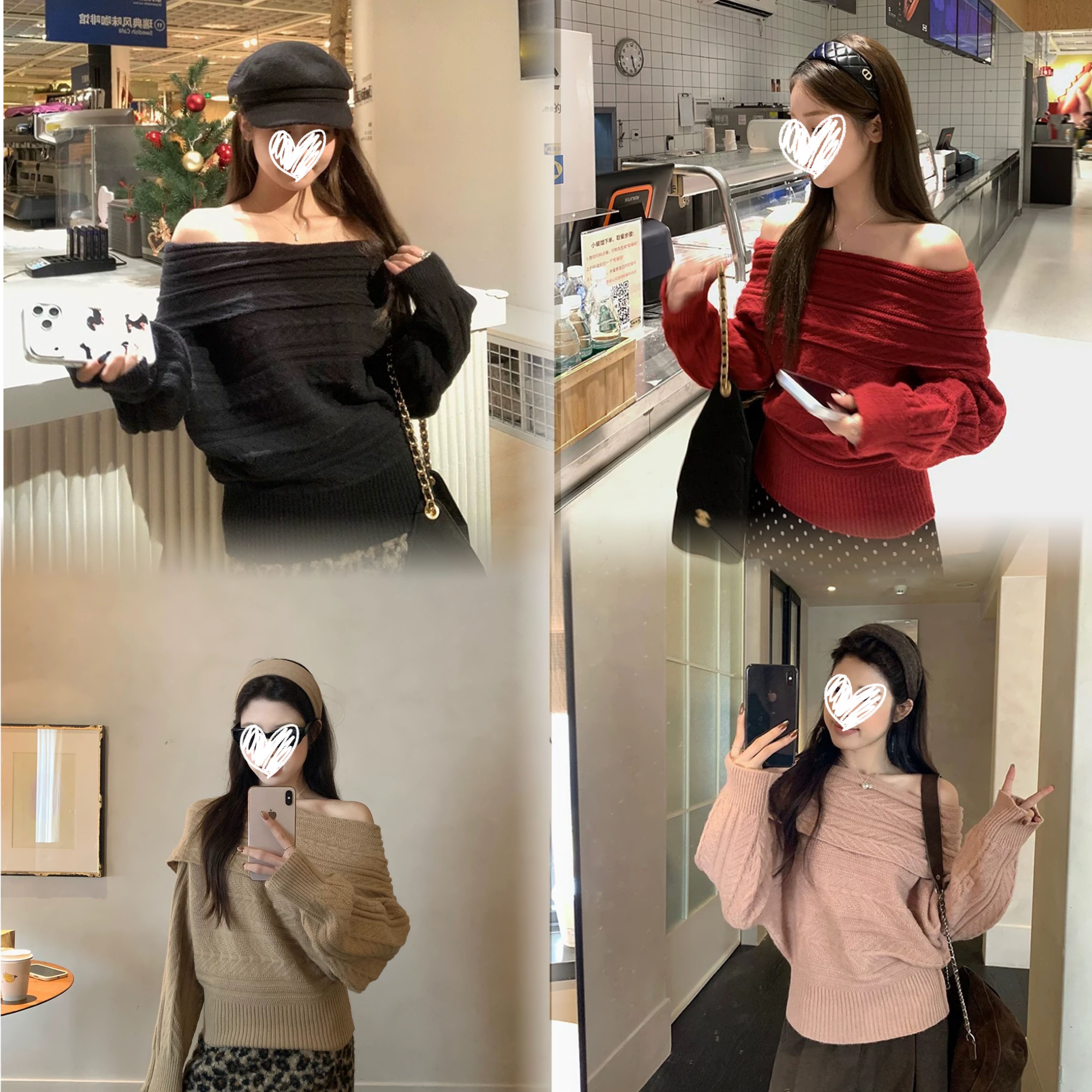 【绯绒潮露】 6-8运补秋冬新款慵懒一字肩双色麻花针织毛衣上衣