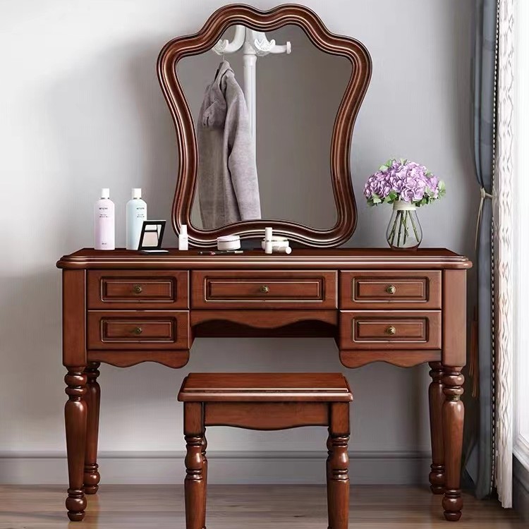 美式雕花轻奢复古家用卧室妆台镜北美进口桃花芯木全实木化妆桌子