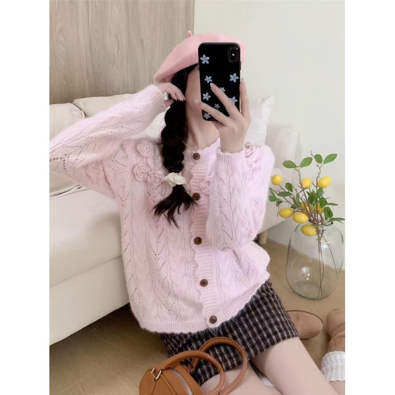 【自留款推荐】立体花朵镂空针织开衫女秋冬新款温柔风甜美软糯毛衣