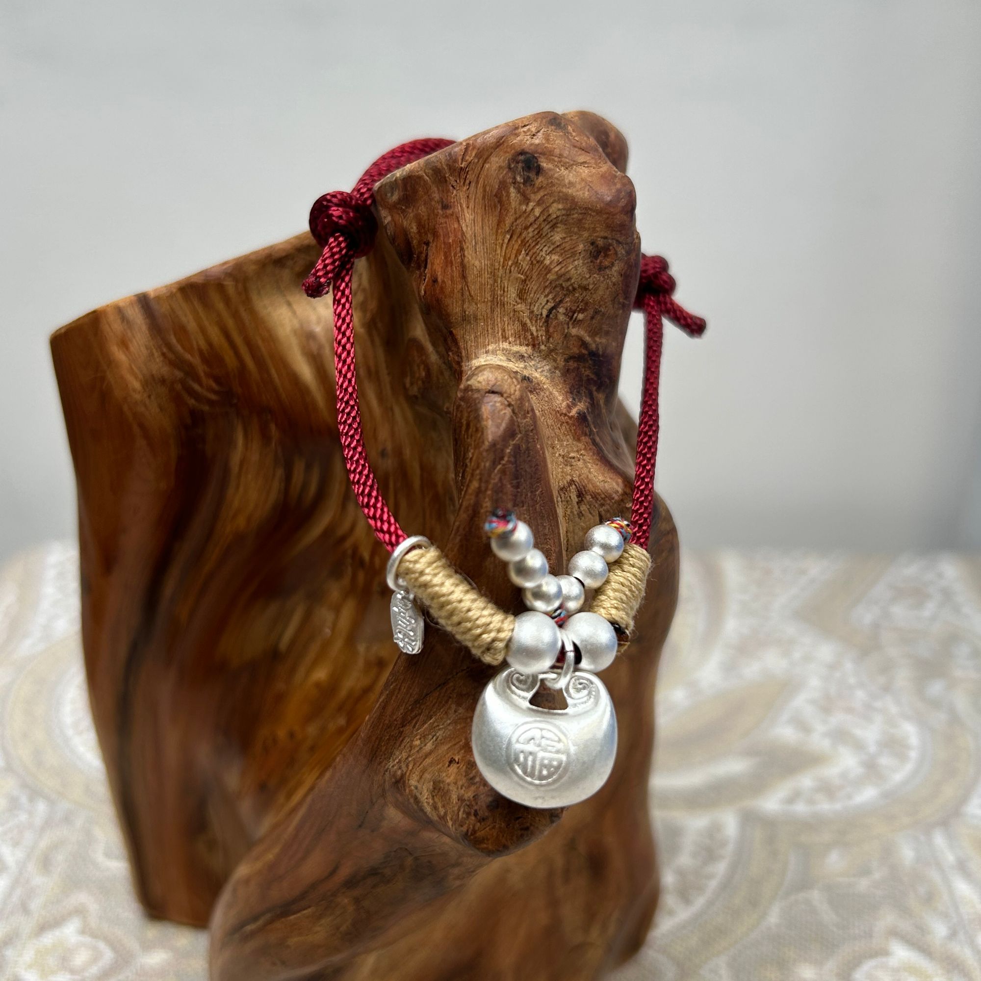 足银手链 小胖福中国风平安喜乐手链足银999手串