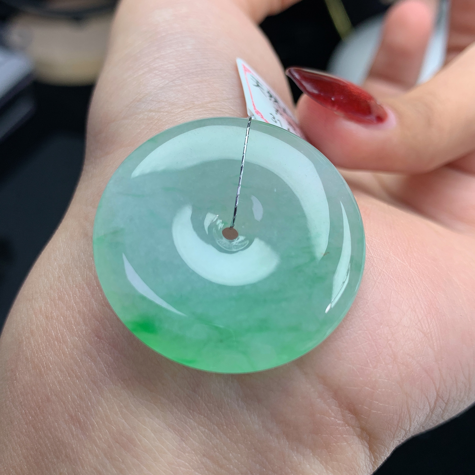 31.6×5.9mm缅甸天然A货翡翠冰飘绿花正阳绿色扣子玉坠