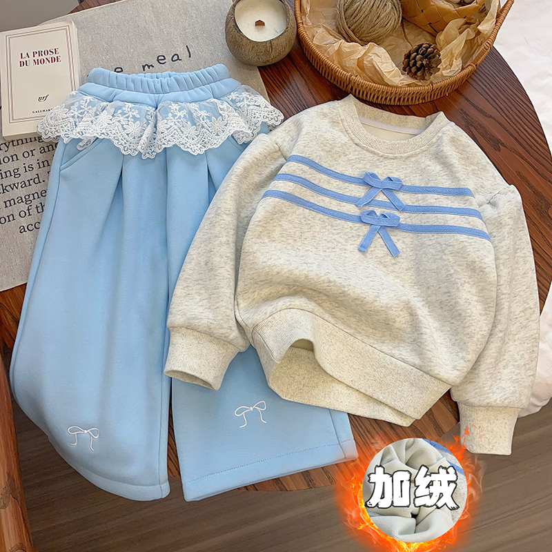 女童秋装加绒卫衣套装新款儿童时髦两件套洋气宝宝秋冬款衣服