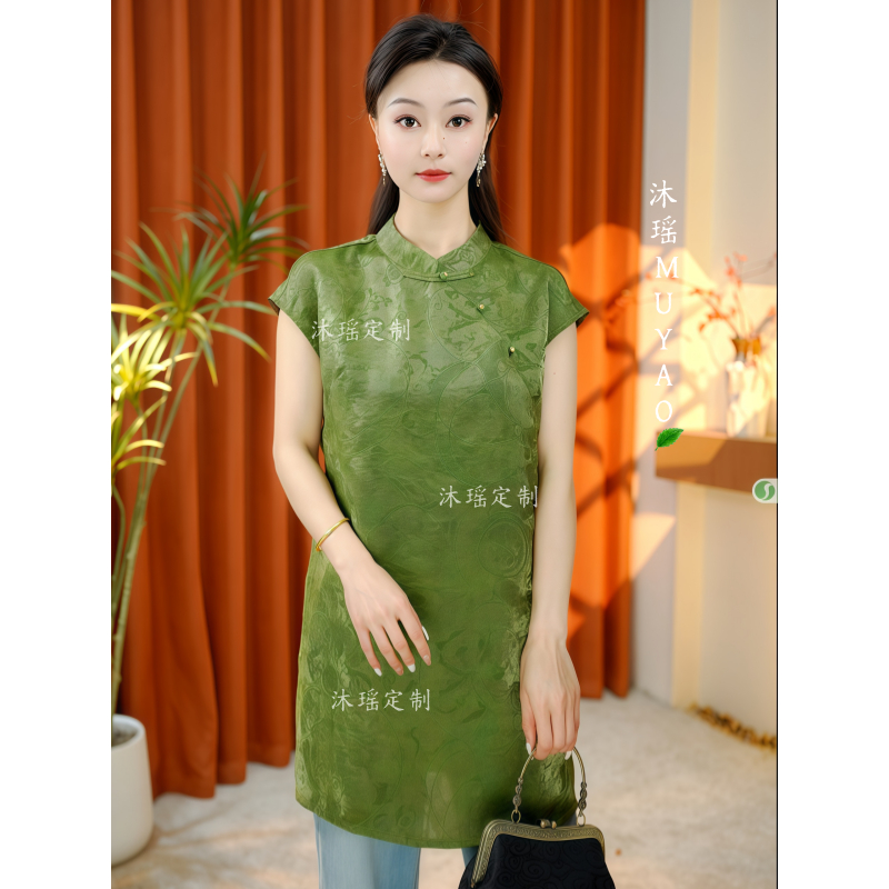 【婧念】2025新款日常新中式立领提花斜襟气质设计师T恤女装上衣