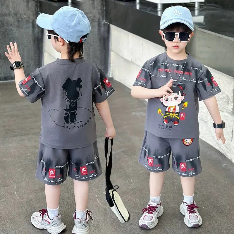 男童国潮哪吒冰丝短袖套装2026新款夏季儿童帅气穿搭运动两件套