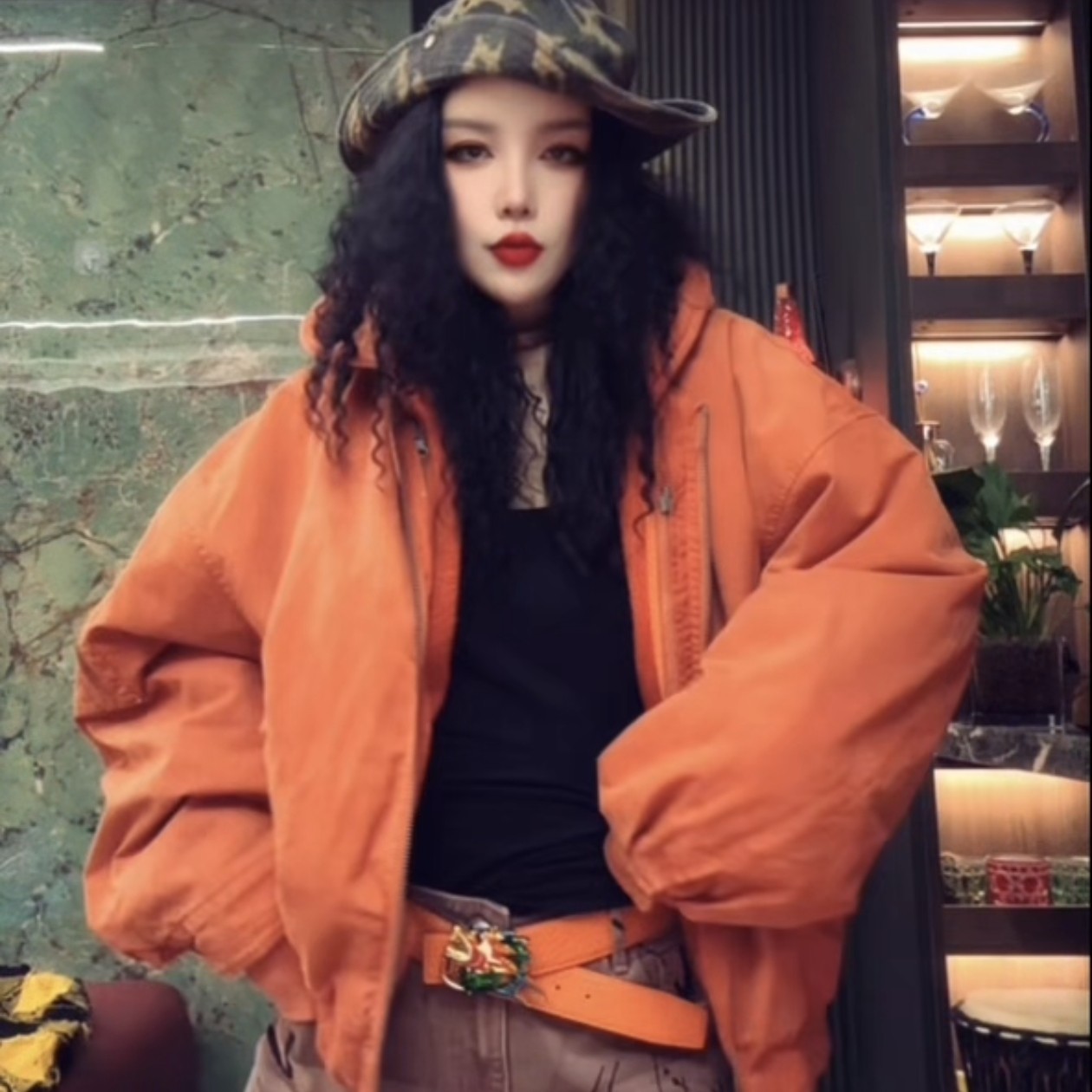 设计师款橘色两件套棉服加厚