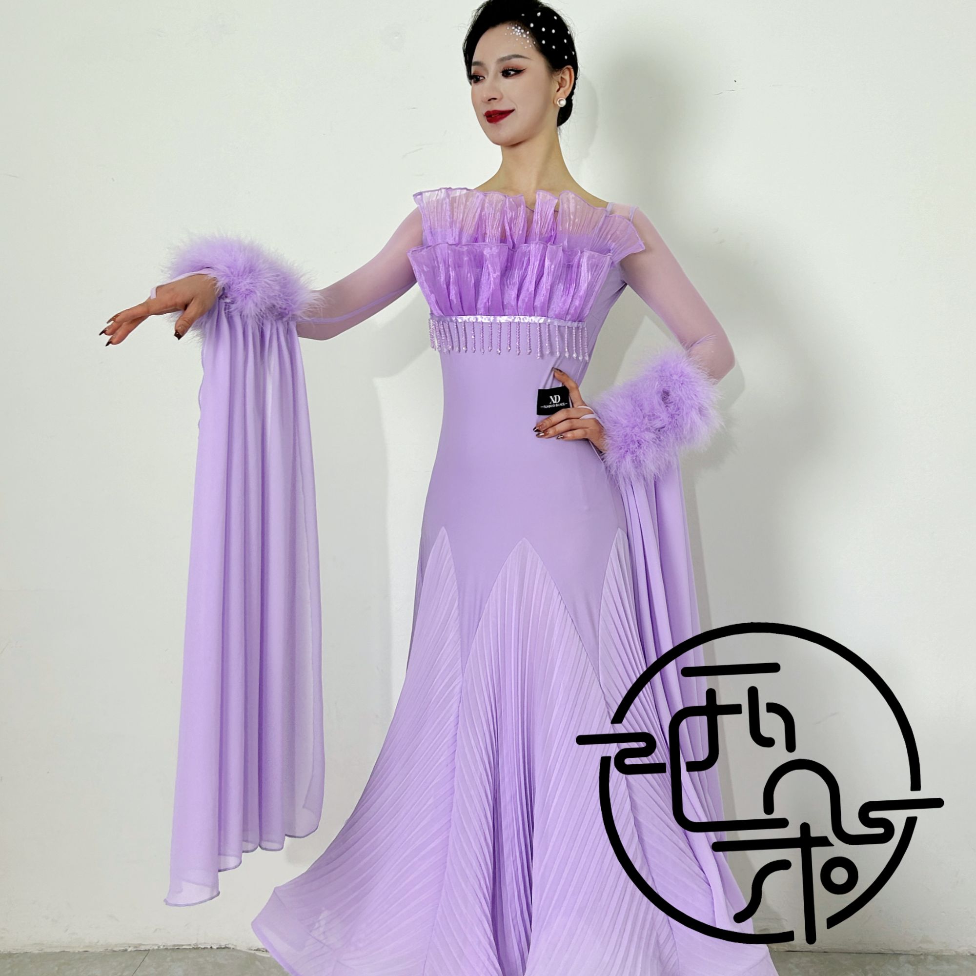 西朵舞服百褶花边水晶珠轻奢摩登舞表演裙大裙摆羽毛