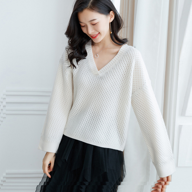 【阳光专属】藏里羊V领羊绒衫女套头毛衣慵懒风宽松羊绒衫M0456