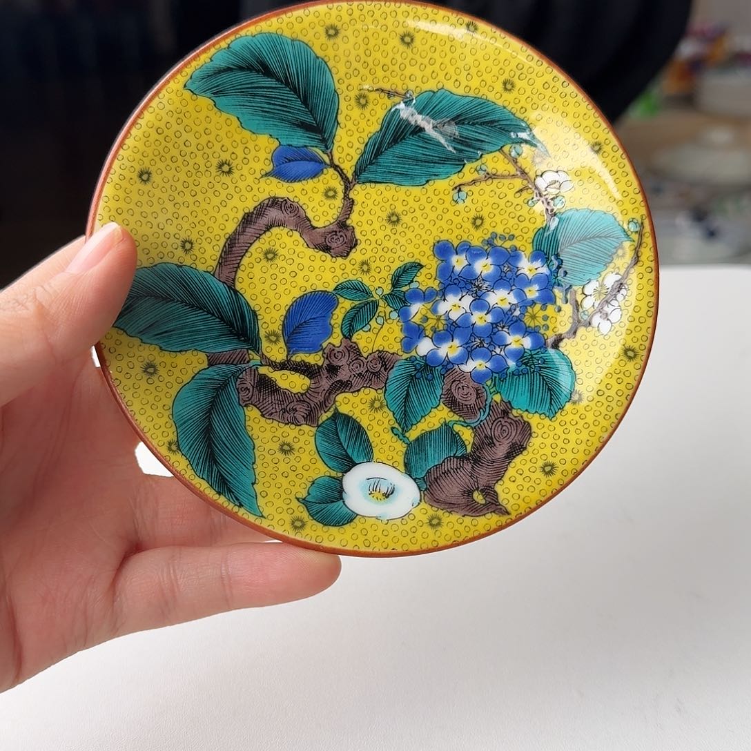 瓷片九谷烧绣球花12厘米小碟子